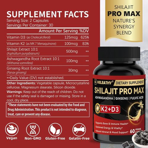 Shilajit Vitamin D3 K2, Shilajits for Men Fulvic Acid Ashwagandha Ginseng Root, Shilajits for Extra Power Stamina Immune Support
