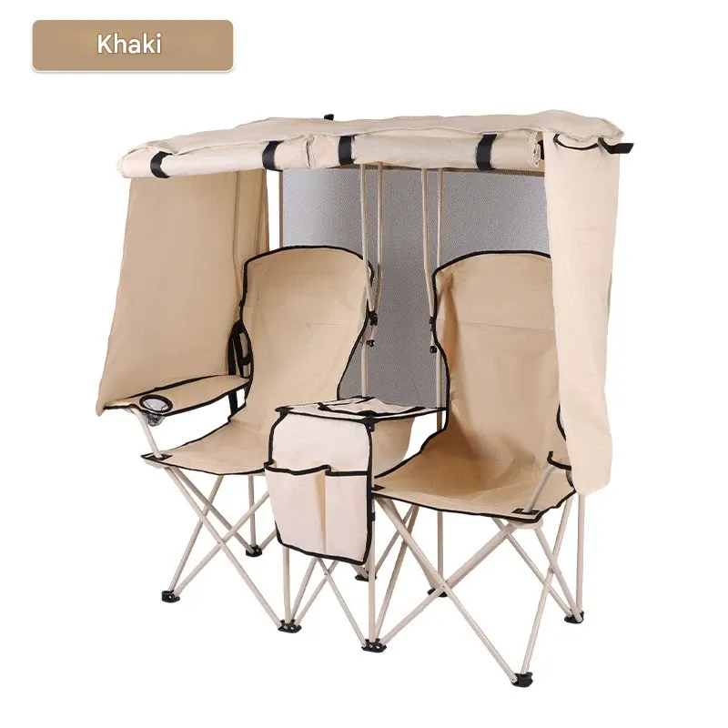 Outdoor Folding Camping Chair for Two - Fishing & Beach Chair with Built-in Sunshade and Rain Canopy