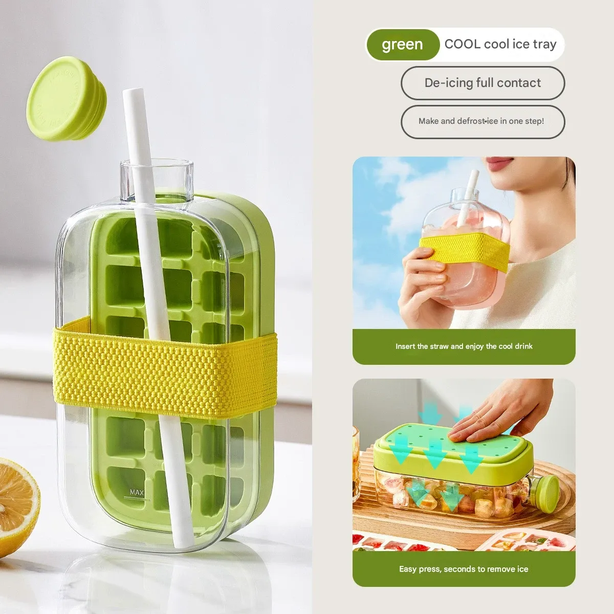 Trendy COOL Ice Cube Tray – Zero-Contact Press-Release Ice Mold, Outdoor Straw Cup & Fitness Drink Ice Jug