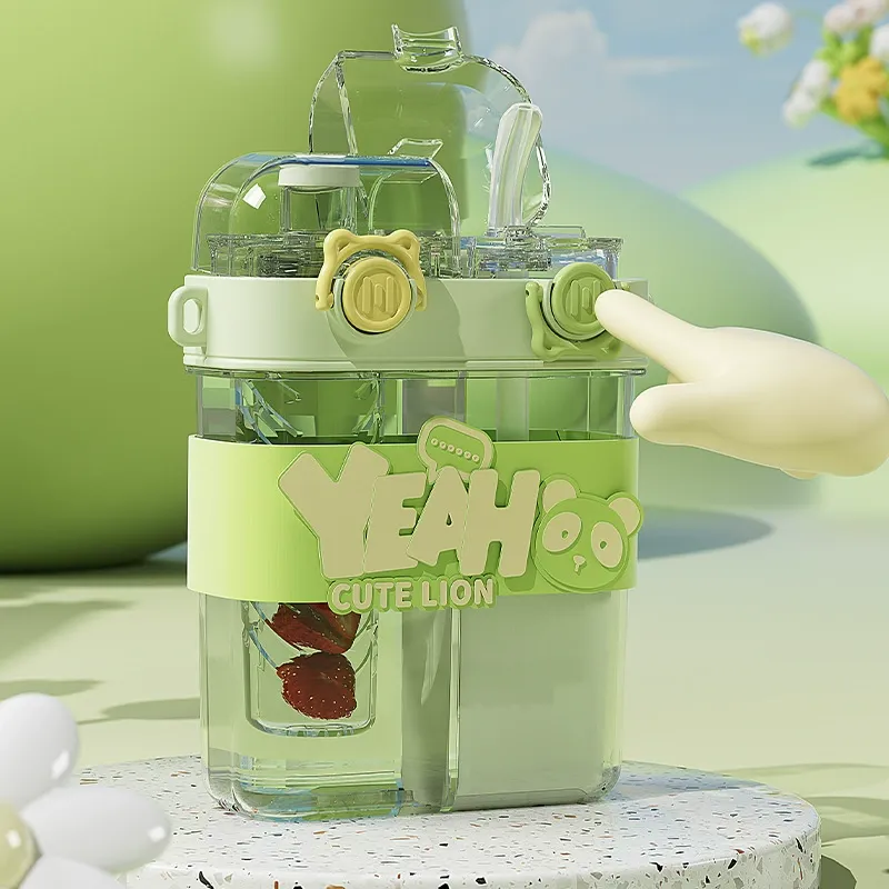 Kids' Dual-Compartment Water Bottle with 2 Lids - Leak-Proof Straw Sippy Cup for School Girls, Portable Summer Drink Bottle for Students