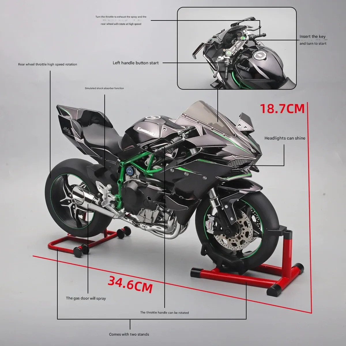 1:6 Scale Kawasaki H2R Motorcycle Model – Alloy Simulation Replica with Ignition Key Start, Smoke Spray Effect & Exquisite Display Piece