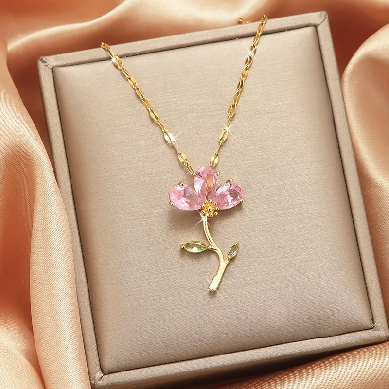 （Box not included）Cherry Blossom Necklace, Pink Zircon Collarbone Chain - Minimalist & Unique Aesthetic Jewelry