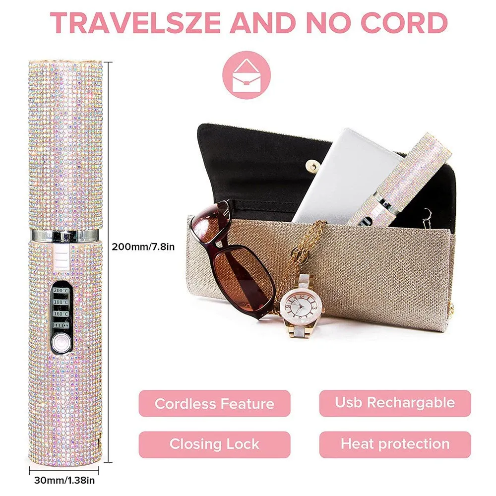 Fast-Heat Wireless Hair Styler - Portable Mini Curling & Straightening Iron with Crystal Rhinestone Decals