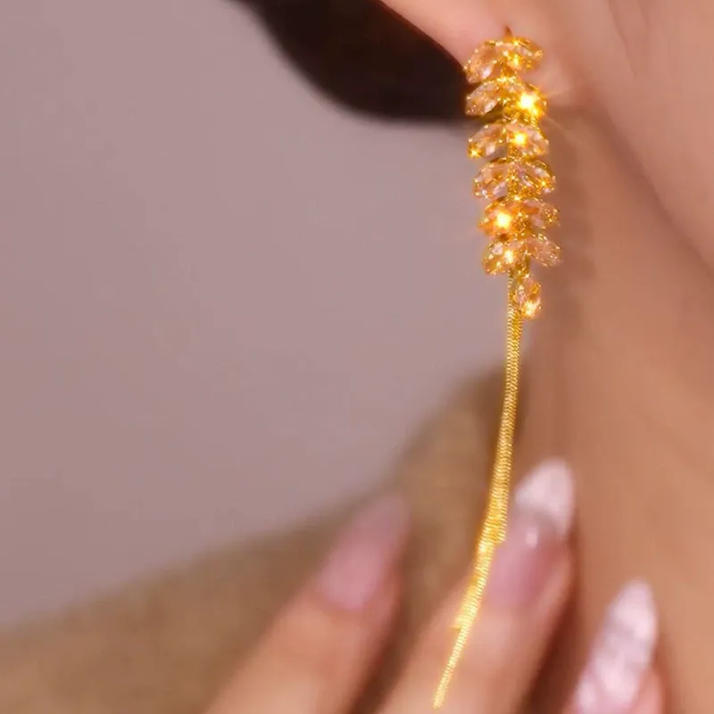 Luxury Minimalist Long Wheat Stalk Zircon Fringe Earrings – Elegant High-end Fashion Statement Piece