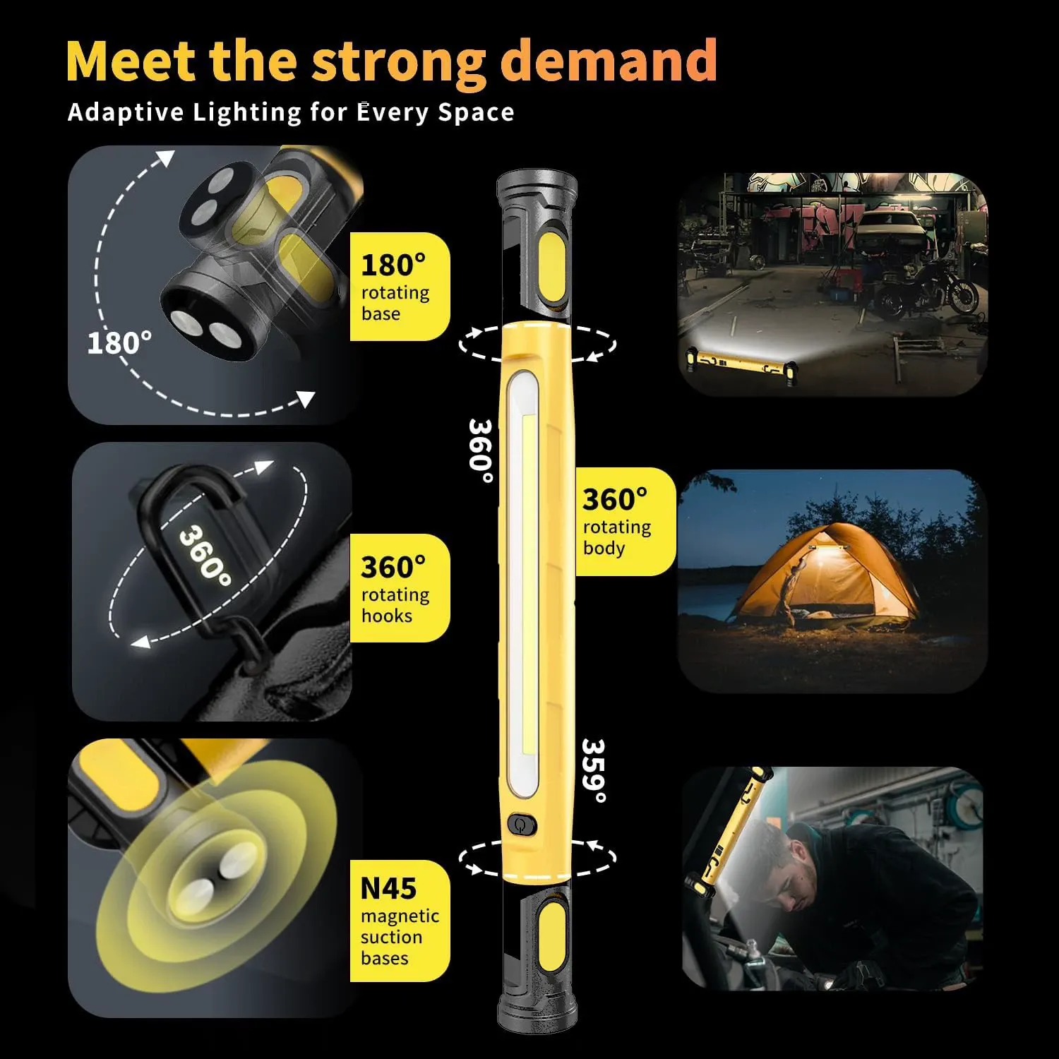 Emergency Repair Work Light - Multifunction Magnetic Flashlight with Car Hook & Outdoor Power Bank