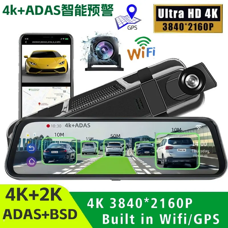 10-Inch Full-Screen ADAS Streaming Media Dash Cam  4K HD Rearview Mirror Dual-Lens with Parking Assistance  Wi-Fi & Mobile APP for Real-Time Video Viewing