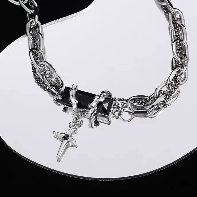 Niche Design Wrapped Black Zirconia Cross Statement Necklace - Unisex Titanium Steel Collarbone Chain for Trendy Clubbing