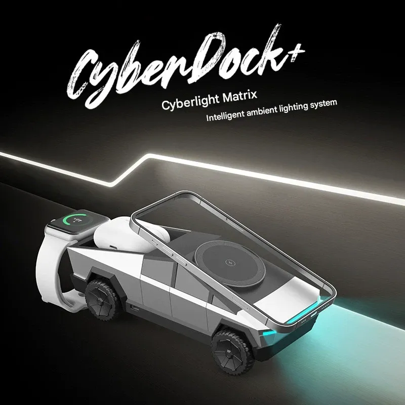 Cybertruck-Style 3-in-1 Multi-Function Wireless Charger - Qi2 Certified Desktop Charging Station