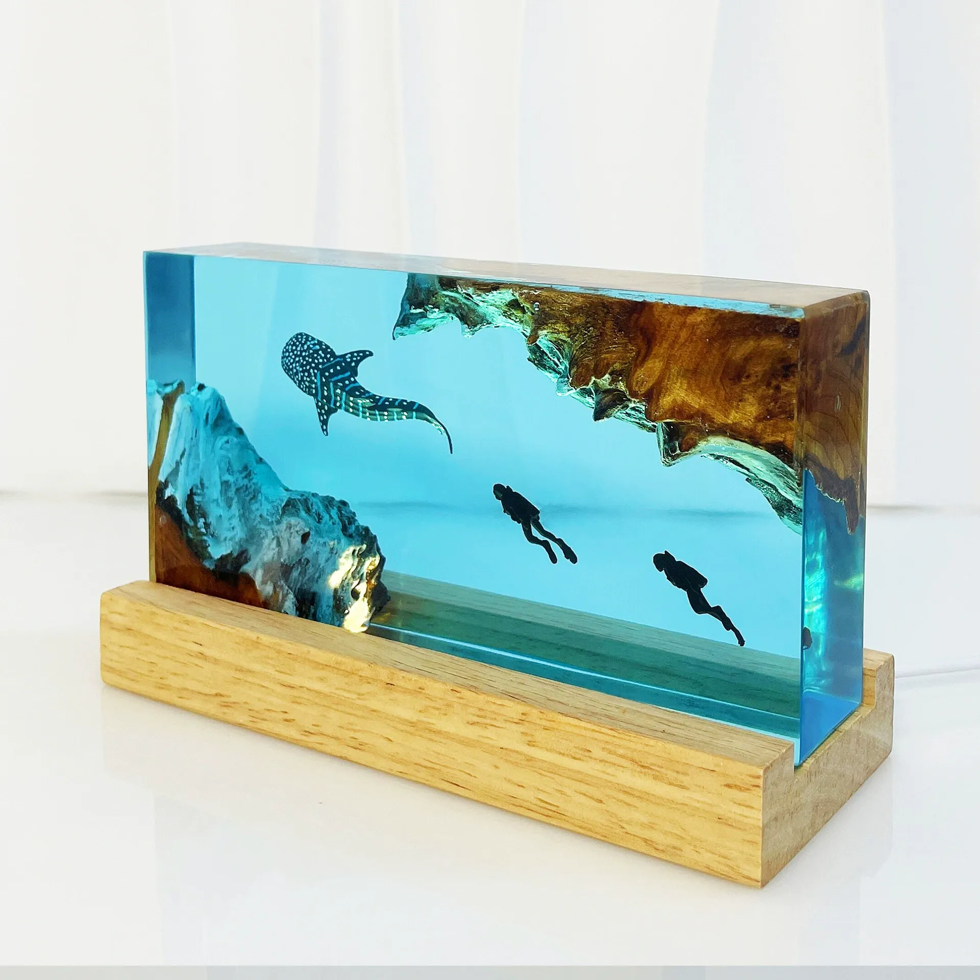 Whale Shark & Diver Resin Night Light  Scuba Diving Deep Sea Exploration Personalized Wood Lamp | Home Decor Gift