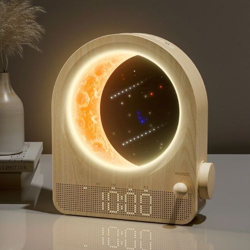 New Woodgrain Touch Night Light Clock - Alarm with Natural Sounds, Moon & Meteor Projection, Eye-Care Bedside Lamp
