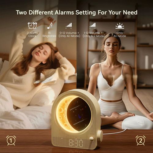 New Woodgrain Touch Night Light Clock - Alarm with Natural Sounds, Moon & Meteor Projection, Eye-Care Bedside Lamp