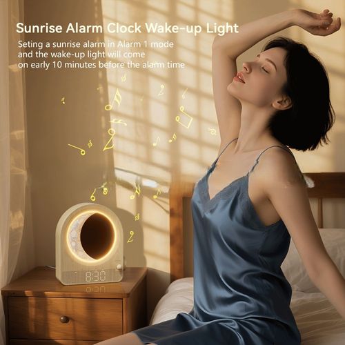 New Woodgrain Touch Night Light Clock - Alarm with Natural Sounds, Moon & Meteor Projection, Eye-Care Bedside Lamp