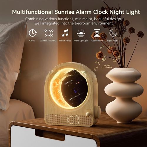 New Woodgrain Touch Night Light Clock - Alarm with Natural Sounds, Moon & Meteor Projection, Eye-Care Bedside Lamp