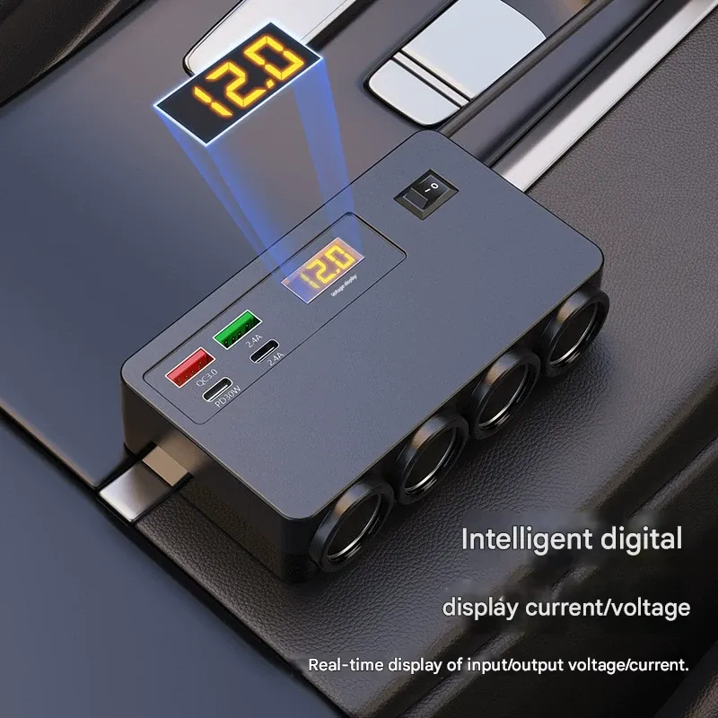 120W Car Cigarette Lighter Charger - Dual USB-A + Dual USB-C Multi-Function Fast Charger with Smart Voltage Display
