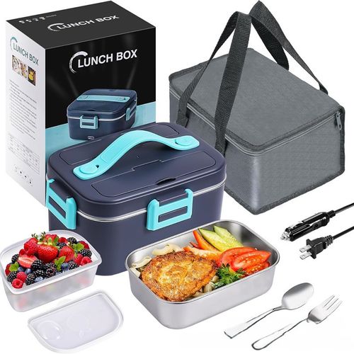 3-Minute Food Warmer | Portable Electric Lunch Box - Home Office Car Use | No-Water One-Touch Heating | Includes Utensil Storage Pouch