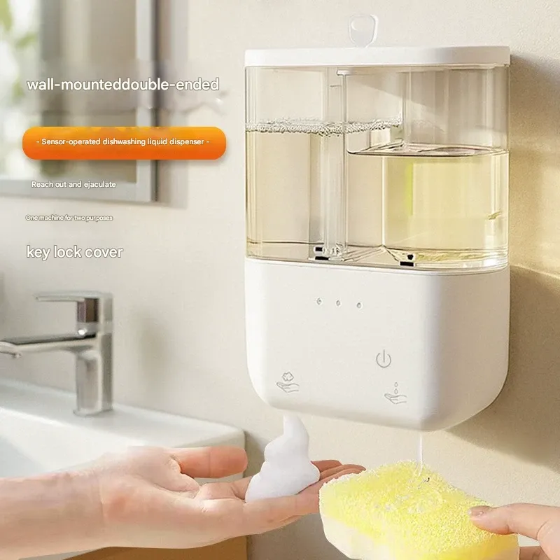 New Non-drill Dual-head Induction Hand Wash Dispenser  Large Capacity Hotel Soap Dispenser  Household Kitchen Wall-mounted Dish Detergent Dispenser