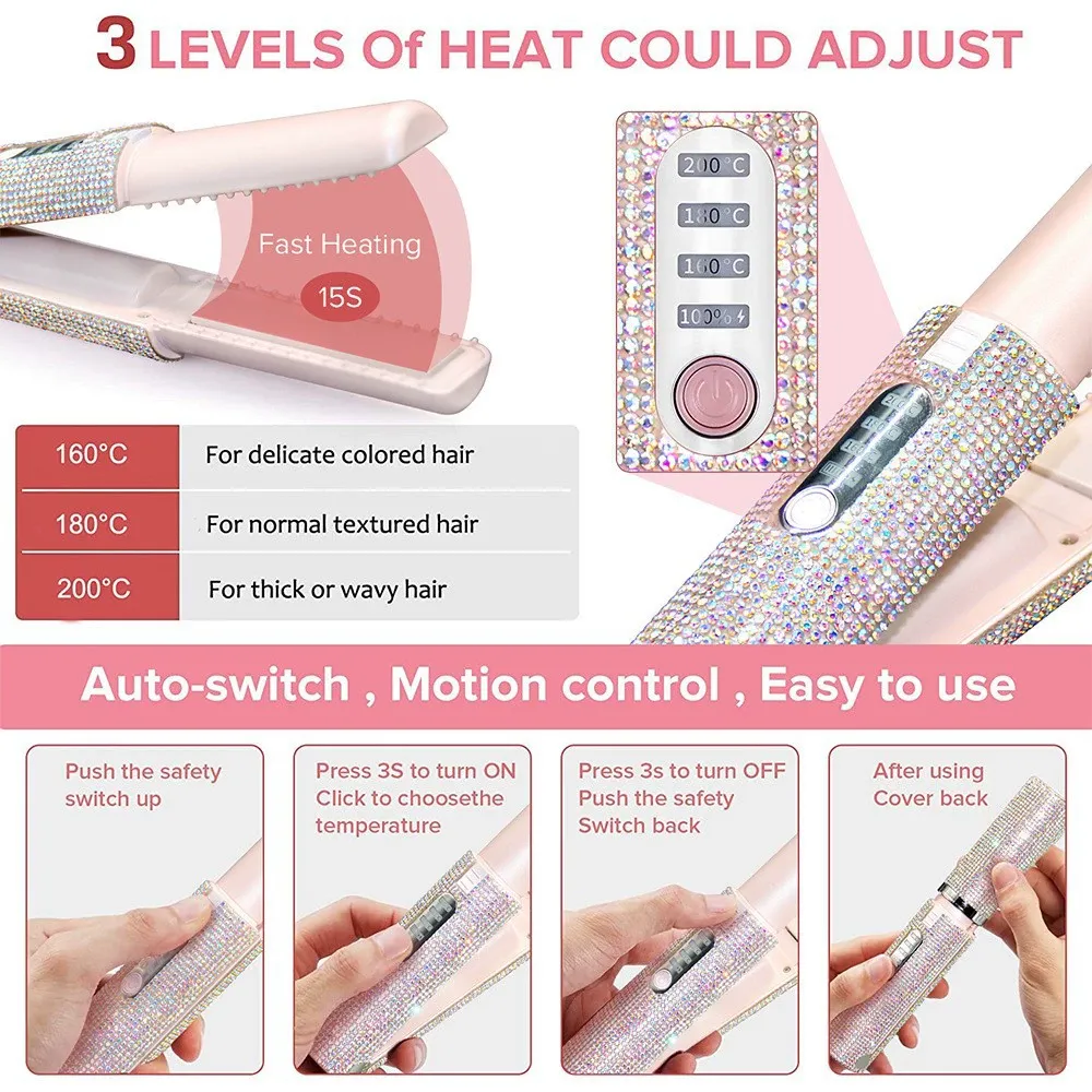 Fast-Heat Wireless Hair Styler - Portable Mini Curling & Straightening Iron with Crystal Rhinestone Decals