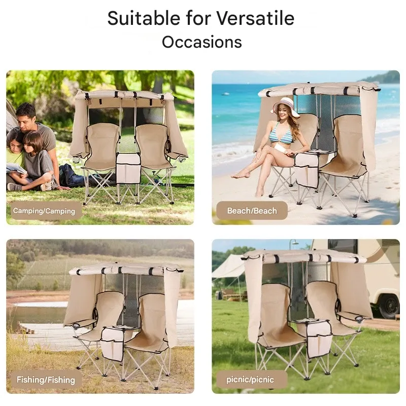 Outdoor Folding Camping Chair for Two - Fishing & Beach Chair with Built-in Sunshade and Rain Canopy