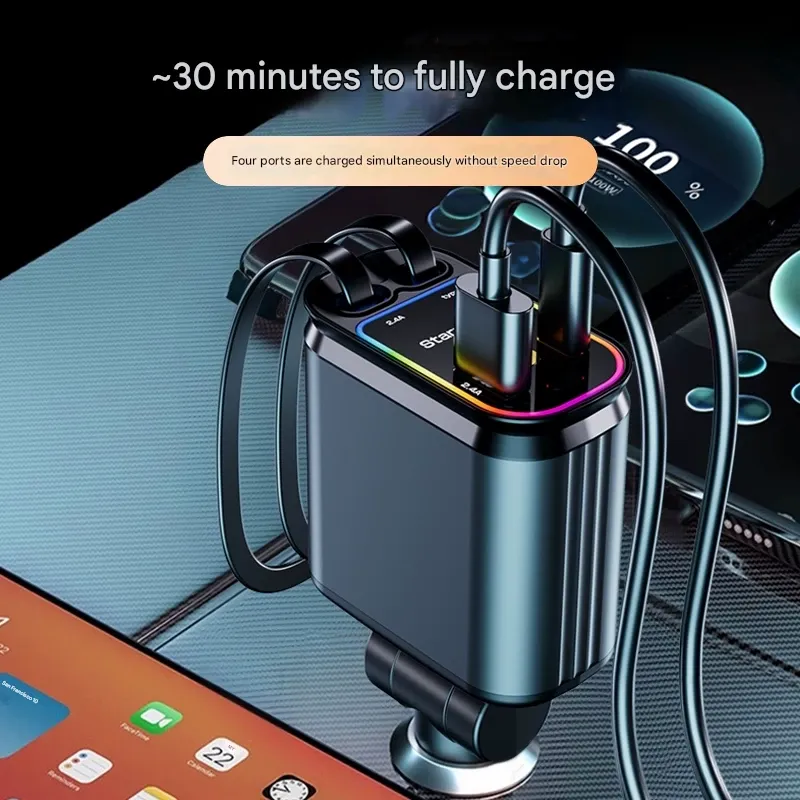 Starry Sky Car Charger 120W Super Fast Charge! 4-in-1 USB+Type-C Ports, Simultaneous Charging for Phones & Tablets - Transform Your Car into a Dreamy Starry Sky in Seconds
