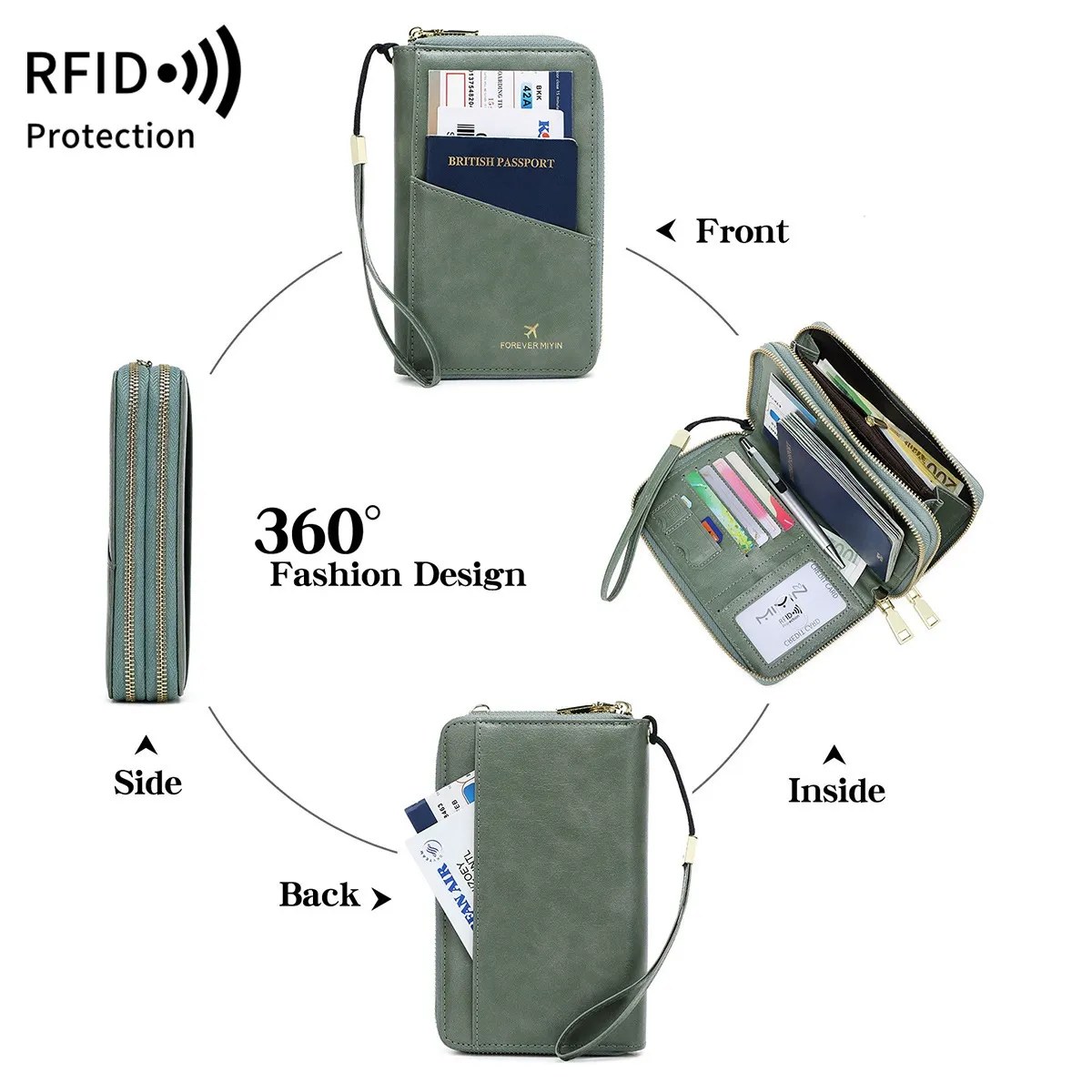 New RFID Anti-Theft Passport Wallet - Multi-Function Document Organizer with Long Double-Zipper Crossbody Design.