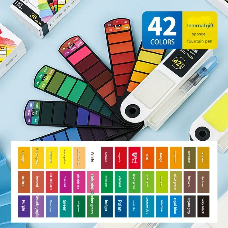 Fan-Shaped Solid Watercolor Paint Set - 42 Colors Gouache for Beginners & Artists
