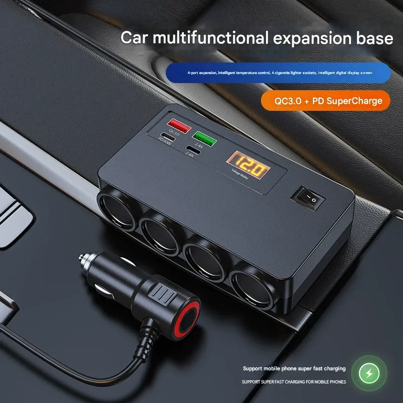 120W Car Cigarette Lighter Charger - Dual USB-A + Dual USB-C Multi-Function Fast Charger with Smart Voltage Display