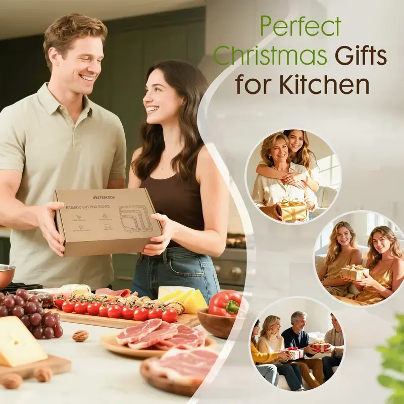 4-Piece Bamboo Cutting Board Set with Holder - Food-Grade Charcuterie & Chopping Boards for Meat, Vegetables, Fruits - Durable, Eco-Friendly, 3 Sizes for Kitchen Use