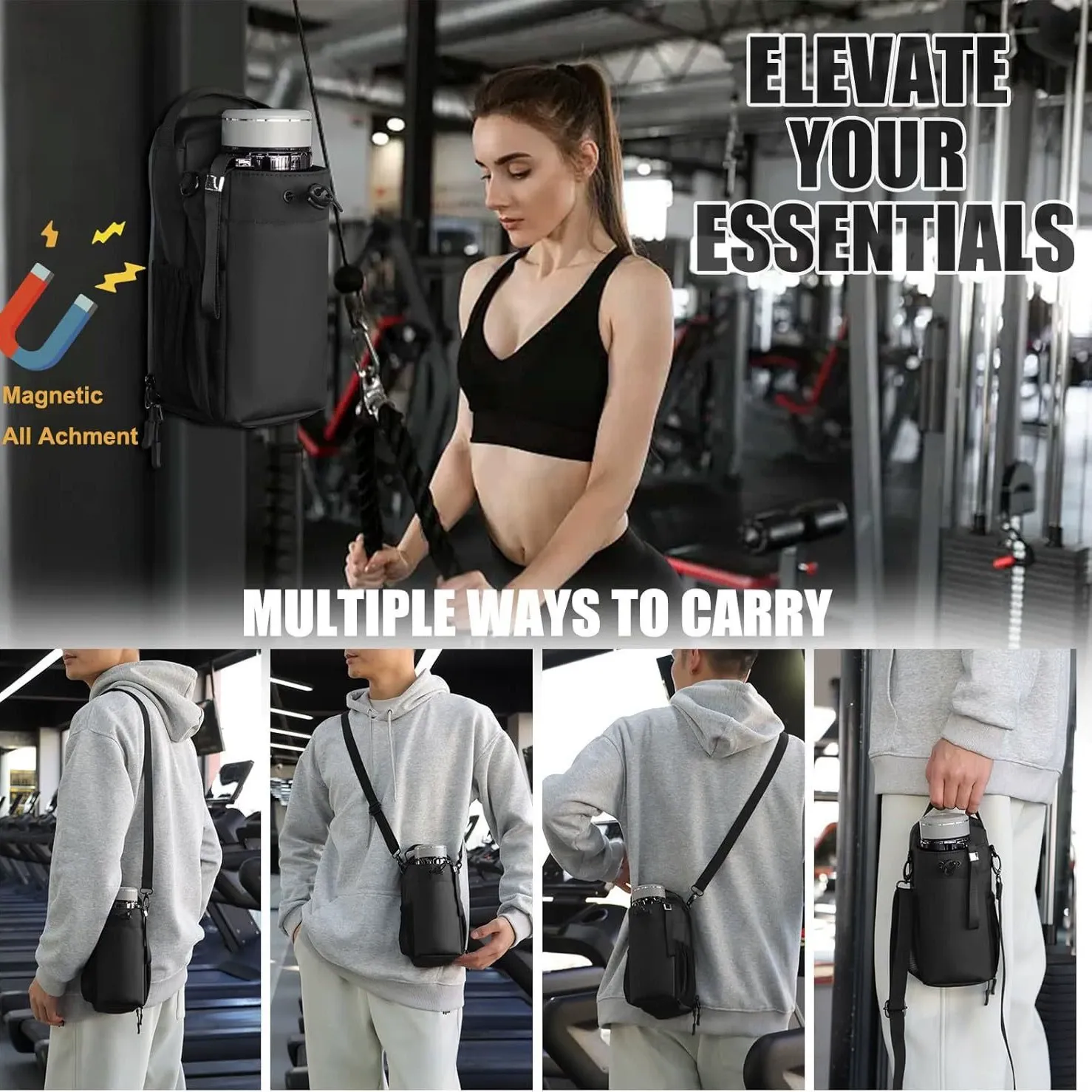 Magnetic Fitness Water Bottle Holder - Gym Sling Pouch with Strong Magnet