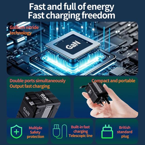 F2 GaN Fast Charger with 80cm Retractable Type-C to Lightning Cable, Compatible with Apple & Android Devices.