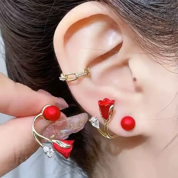 Korean Light Luxury Red Flower Pearl Earrings | Elegant Light Luxury Stud Earrings | Retro Niche Red Bean Earrings