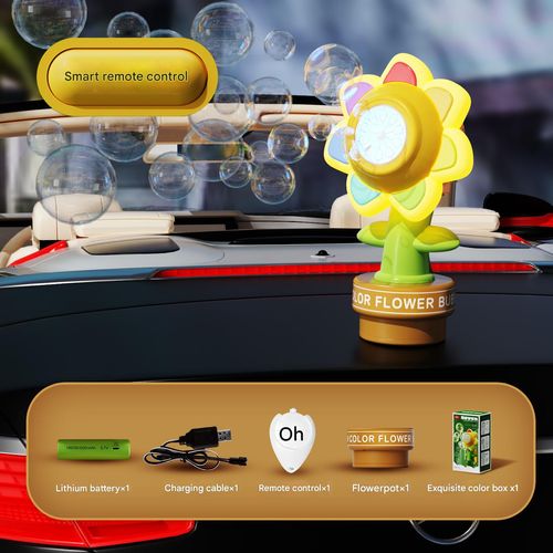 Bubble machine with horn and seven-color flower remote control, bubble blowing car accessories, Internet celebrity car sunflower bubble machine