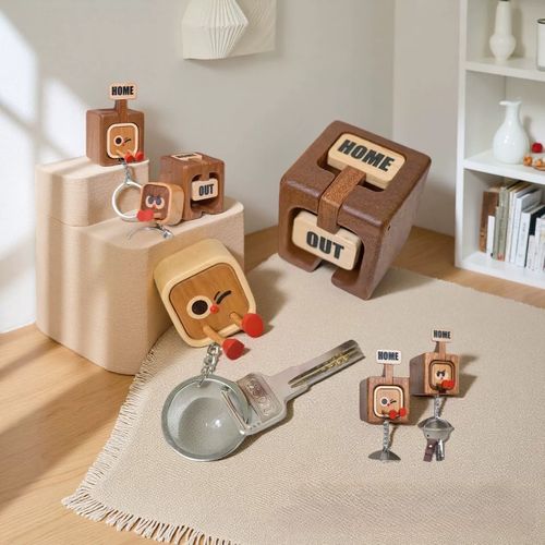 Creative Wooden Home & Out Keychain - Main Label Magnetic Solid Wood Key Fob with Fidgeting Feature