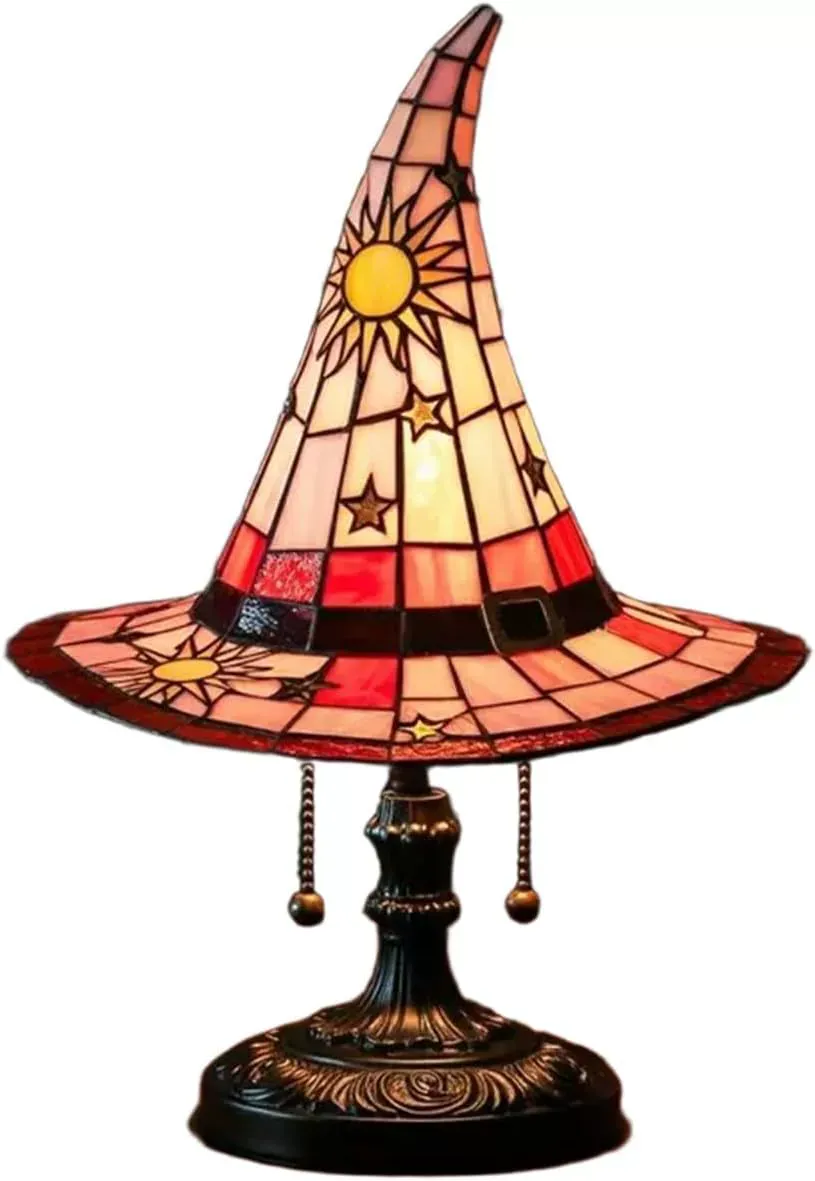 Stained Glass Witch Hat Lamp  Enchanted Witch Hat Night Lamp - Glowing Halloween Bedside Decor