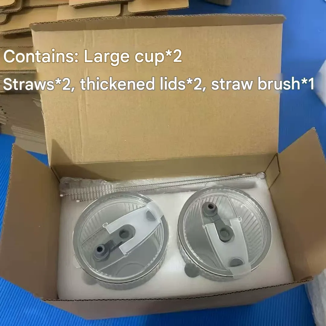 (2-Pack!!) Instagrammable Large Capacity Glass Tumbler with Lid & Straw - Vertical Stripe Design - Aesthetic Cold Drink Cup for Juice, Water and Coffee