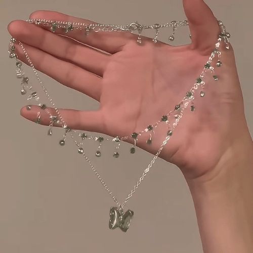 Green butterfly double-layer tassel necklace summer cool high-end choker necklace accessories female niche clavicle chain