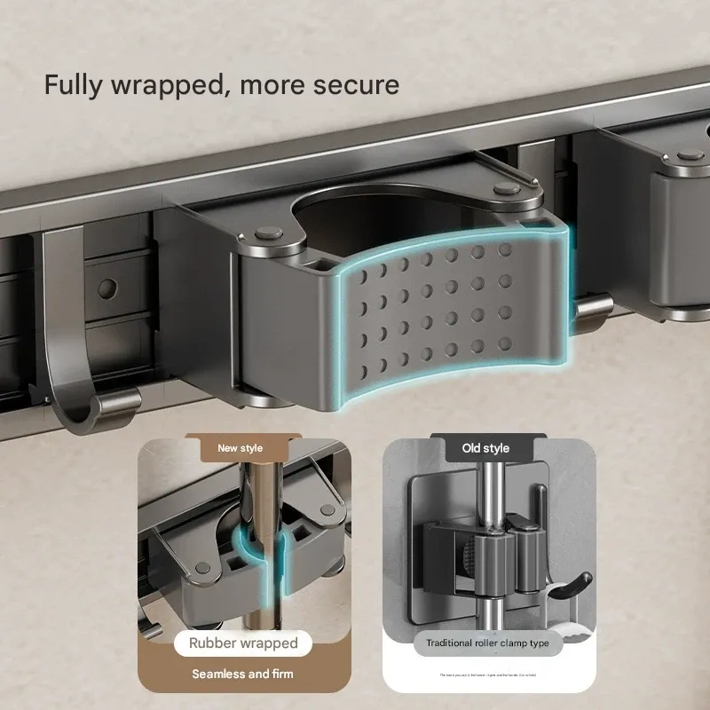 Swivel Mop and Broom Holder Wall Mount - No Drilling Bathroom Storage Organizer Bracket with Snap-On Design (Note: Adhesive not included, must be prepared separately)