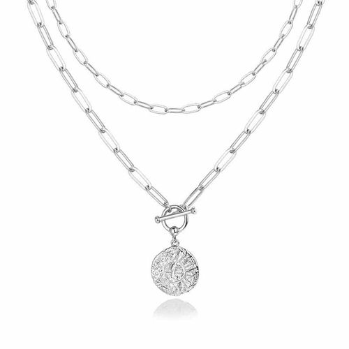 Sun and Moon Pendant Necklace  Textured Relief Round Medallion Pendant with O-Chain Multi-Layer Alloy Necklace