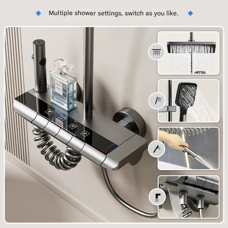 Complete Gunmetal Grey High-Pressure Shower Set - Aerospace Aluminum Bathroom Shower System with All Fixtures