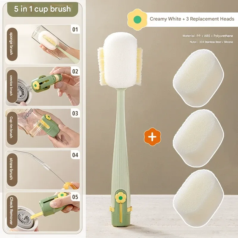 Water Bottle Cleaning Gadget, Long-Handle Multi-Function 5-in-1 Insulated Cup & Baby Bottle Cleaning Brush