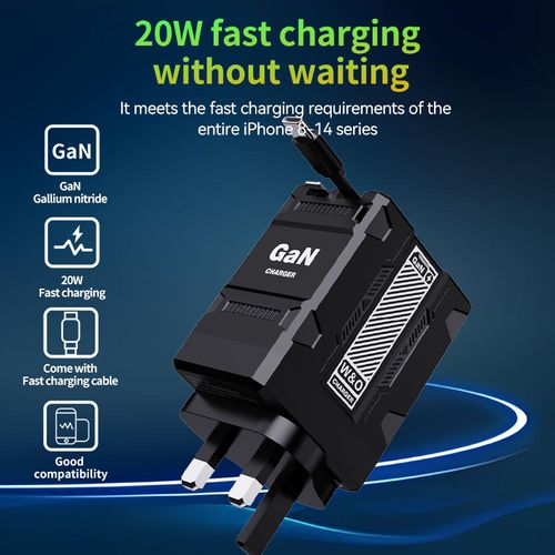 F2 GaN Fast Charger with 80cm Retractable Type-C to Lightning Cable, Compatible with Apple & Android Devices.