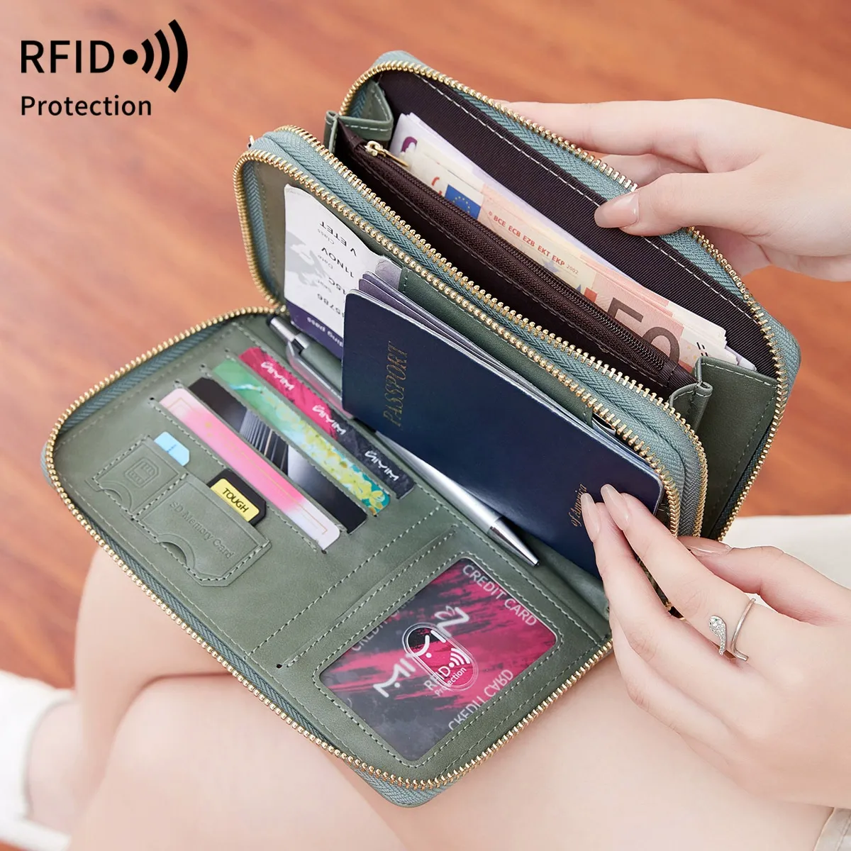 New RFID Anti-Theft Passport Wallet - Multi-Function Document Organizer with Long Double-Zipper Crossbody Design.