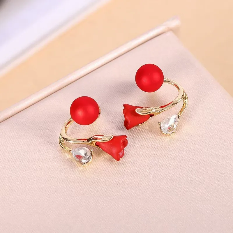 Korean Light Luxury Red Flower Pearl Earrings | Elegant Light Luxury Stud Earrings | Retro Niche Red Bean Earrings