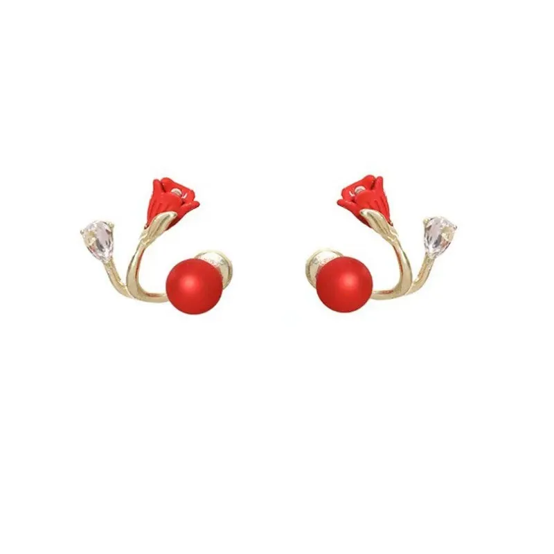 Korean Light Luxury Red Flower Pearl Earrings | Elegant Light Luxury Stud Earrings | Retro Niche Red Bean Earrings