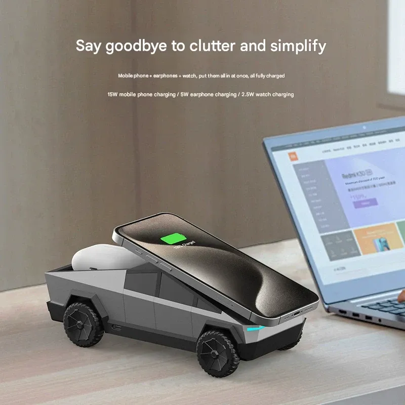 Cybertruck-Style 3-in-1 Multi-Function Wireless Charger - Qi2 Certified Desktop Charging Station