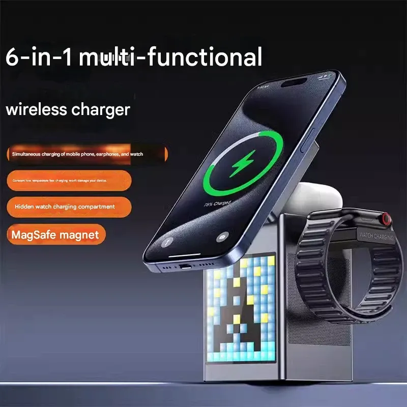6-in-1 Magnetic Bluetooth Speaker, Alarm Clock, Wireless Charger & Desktop Organizer Dock