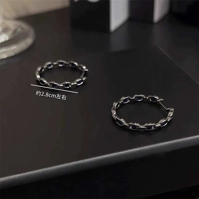 2025 Gothic Punk Earrings - Black Chain Loop w+ Blue Crystals | Edgy Cyberpunk Hoop Earrings for Women