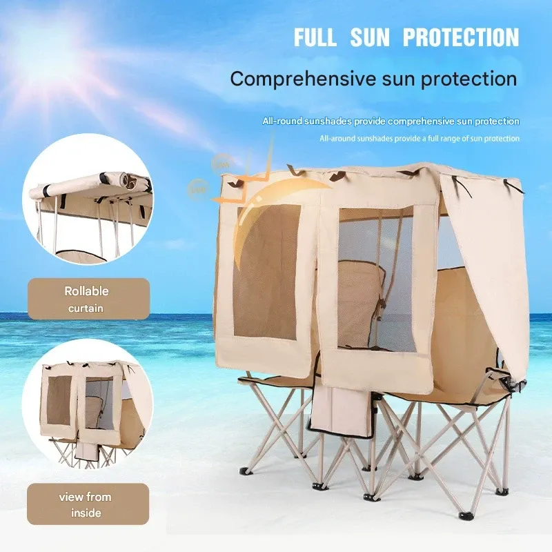 Outdoor Folding Camping Chair for Two - Fishing & Beach Chair with Built-in Sunshade and Rain Canopy