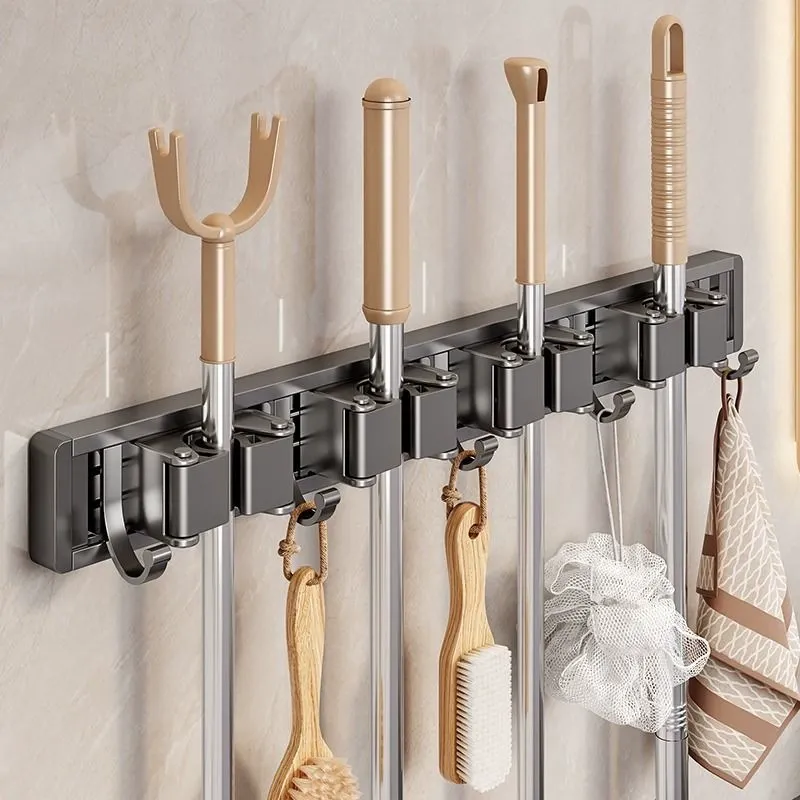 Swivel Mop and Broom Holder Wall Mount - No Drilling Bathroom Storage Organizer Bracket with Snap-On Design (Note: Adhesive not included, must be prepared separately)