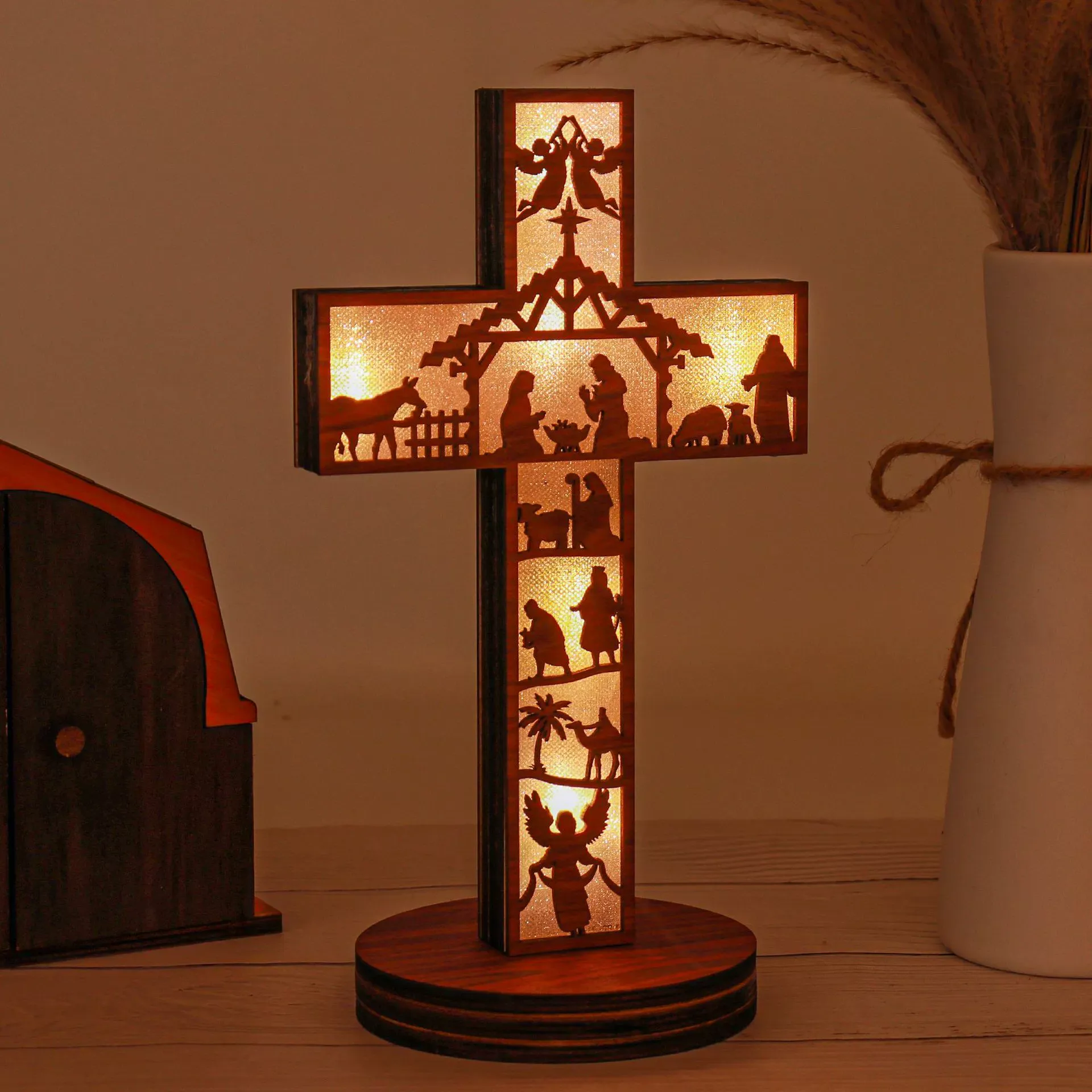 Wooden Illuminated Cross – Handcrafted Home Decor LED Wood Carving Art Piece