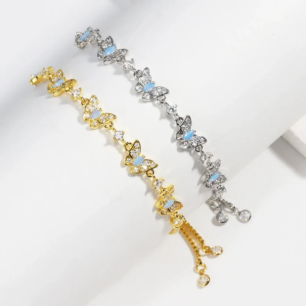 New Women's Elegant Blue Zircon Butterfly Bracelet  Gold-Plated Adjustable Sliding Bracelet